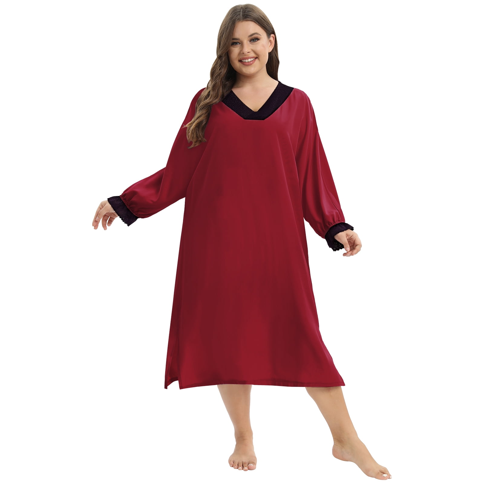 Women's Plus Size Nightgown Lace Long Sleeve V Neck Sleepwear Calf ...