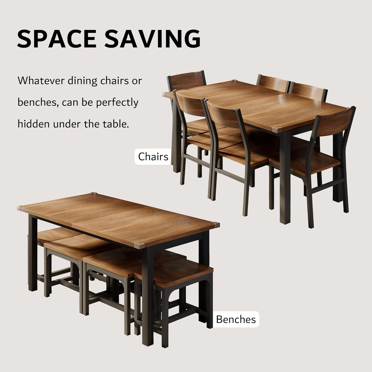 iPormis 63" Extendable Dining Table for 4-8, Square Wooden Dining Room Table with Metal Base, Modern Extendable Table for  Small Kitchens, Dining Office Areas, Walnut