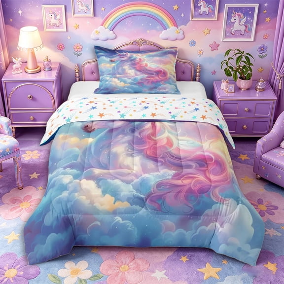 Metsweet Dreamy Princess Unicorn Twin Comforter Sets 2pcs, Watercolor Rainbow Bedding Set, Blue Pink,1 Comforter and 1 Pillowcase