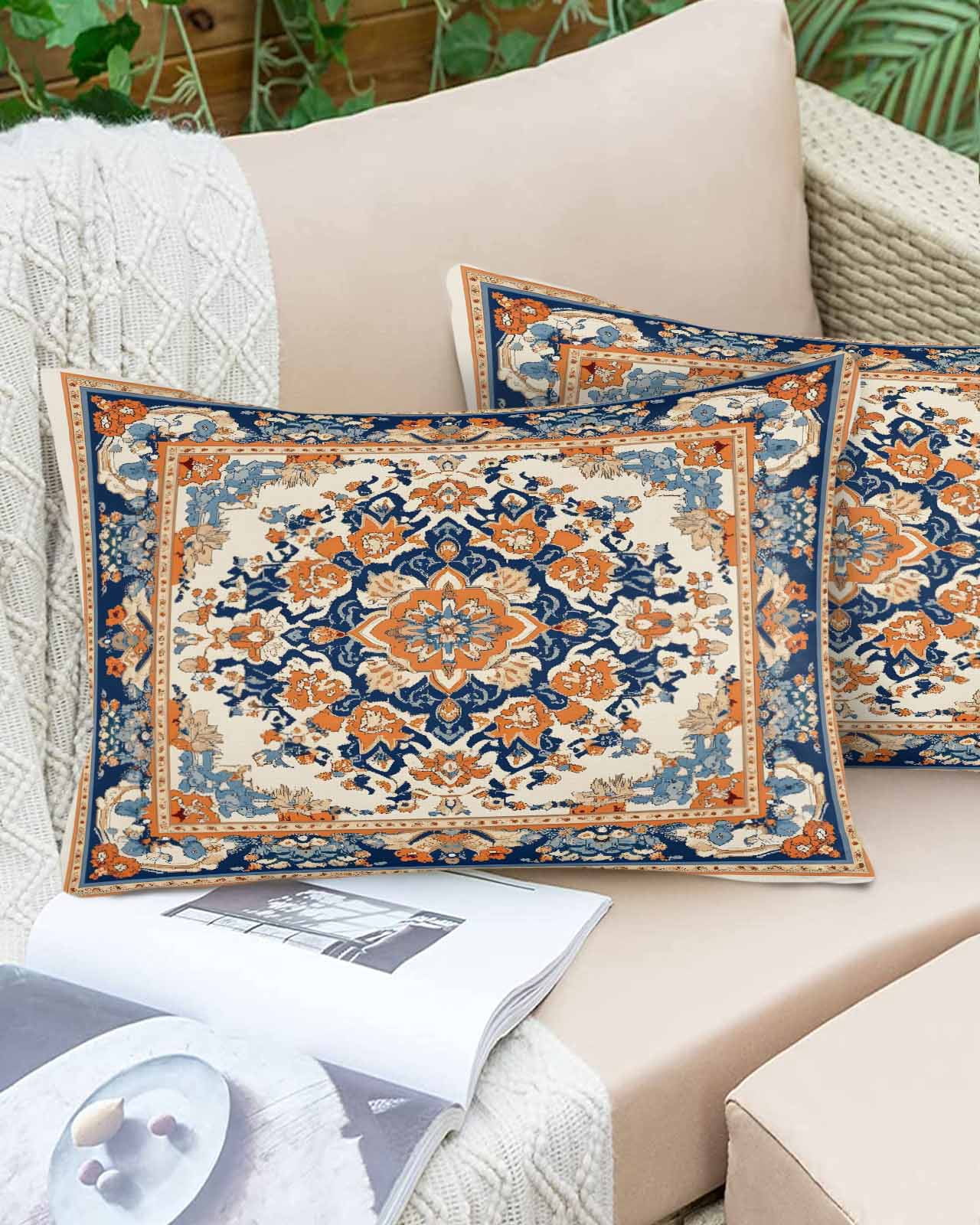 Blue Burnt Orange Boho Throw Pillow Cover 24 x 36 Inch Decorative Pillow Cover Antique Southwestern Art Lumbar Pillowcase Seasonal Rectangle Cushion Case for Couch Sofa Bed Living Room