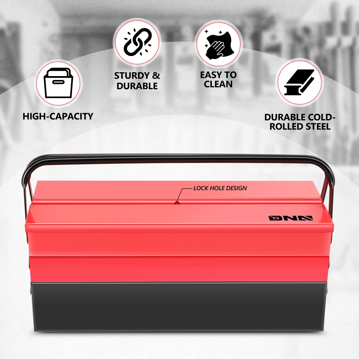 DNA Motoring TOOLS-00412 Red 21" 5 Drawers 3 Level Multifunction Metal Foldable Storage Repair Tool Organizer Box Red w/ Handle
