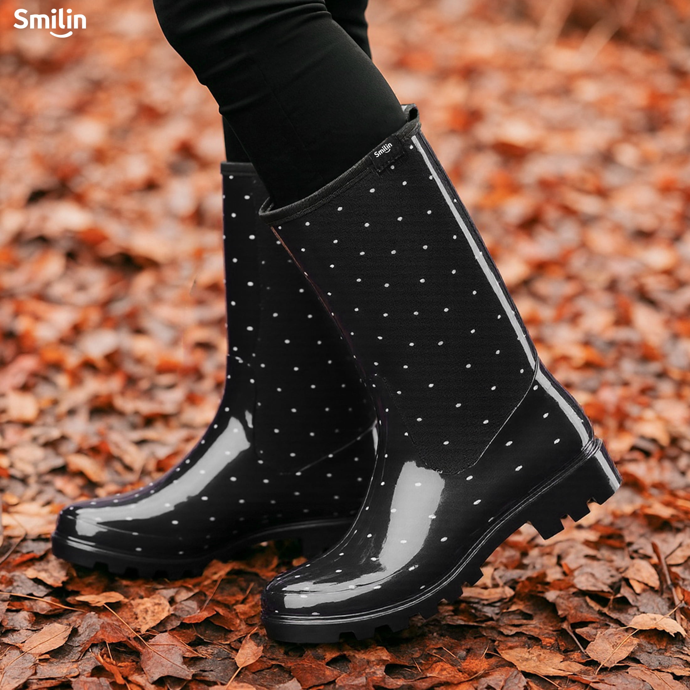 SMILIN Women's Rain Boots, Waterproof Non-slip High Ankle Garden Boots，Polka Dot, Size 6