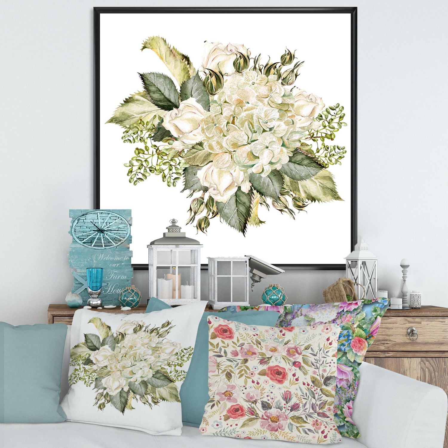 Designart Beautiful Bouquet With Hudrangea and Roses FLOAT FRAME WALL ART