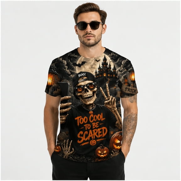 Mikdeno Men's Skeleton Selfie Halloween Graphic T-Shirt, All Over Print Too Cool To Be Scared Tee