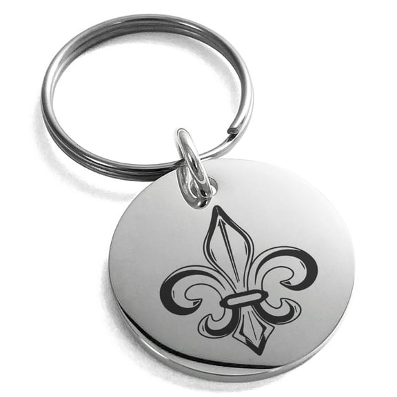 Stainless Steel Valorous Fleur De Lis Engraved Small Medallion Circle Charm Keychain Keyring