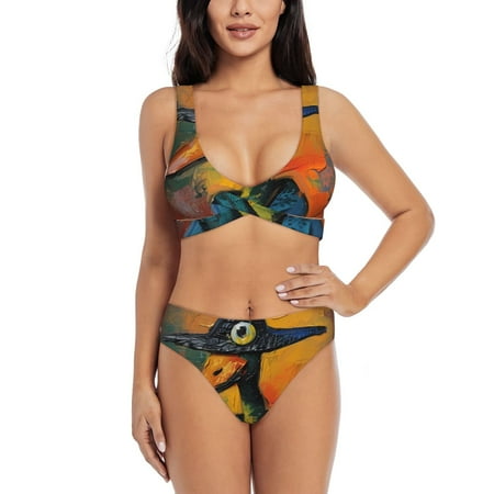 Zeuib Abstract Funny Duck High Waisted Tummy Control Bikini Set - Knot Front Push Up Top & Cheeky Thong Bottom  Two-Piece Swimsuit for Women-Medium