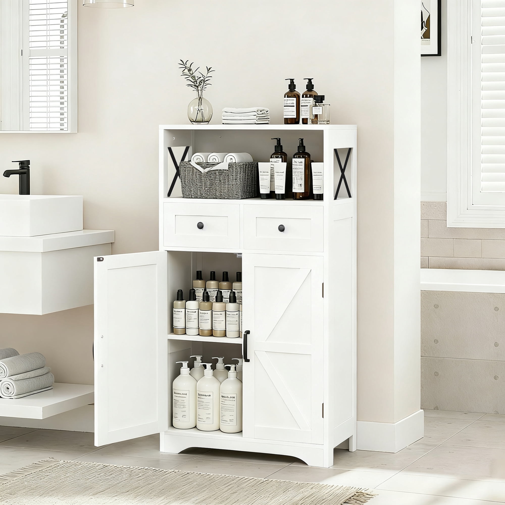 HomGarden Floor Storage Cabinet Large Farmhouse Kitchen Pantry Cabinet W/Drawers & Doors & Shelves for Home, Bathroom, Entryway, Living Room, White