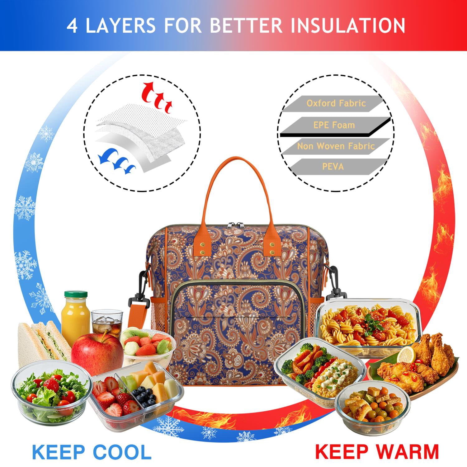 Insulated Lunch Bag with Paisley and Floral Design – Waterproof Large Lunch Box for Women Ideal for Work or Outdoor Picnic