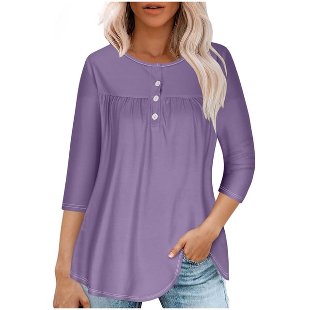RXIRUCGD T-shirt d'Été Décontracté pour Femmes Manches Trois-Quarts Col Rond Froncé Blouse, Violet, Taille : TG