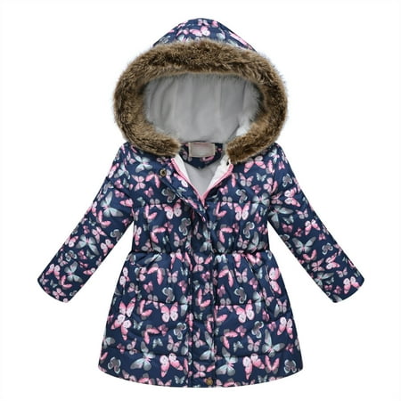 

HBYJLZYG Hoodies Coat Padded Jacket Furry Collar Longline Coat Toddler Baby Butterfly Print Parkas Tops For Kids Winter Thick Warm Windproof Outwear