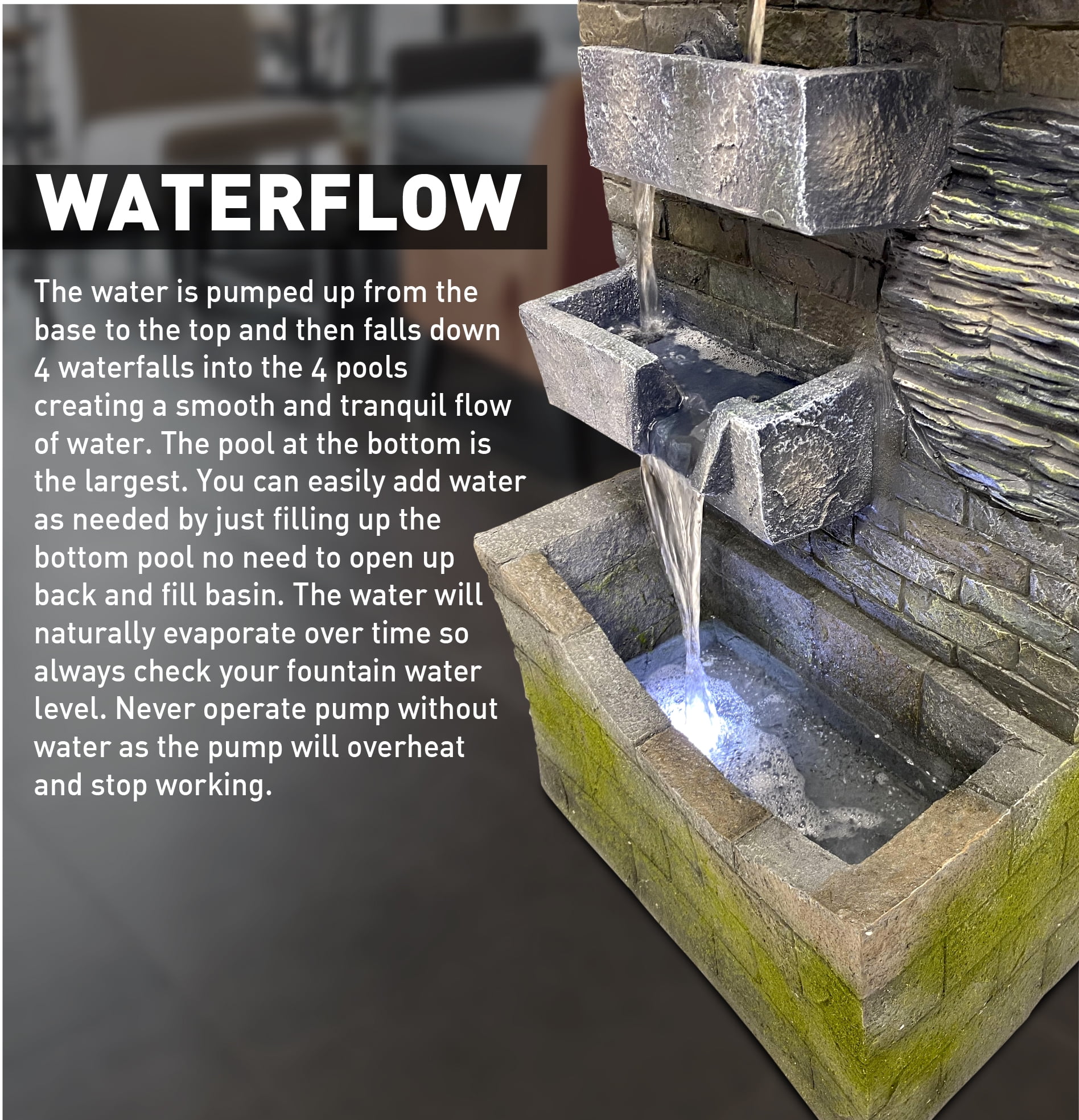 4 Tier Rock Water Fountain with LED Light Made from Fiberglass Resin - Outdoor Or Indoor, Large 40” Tall X 20” Wide, Grey