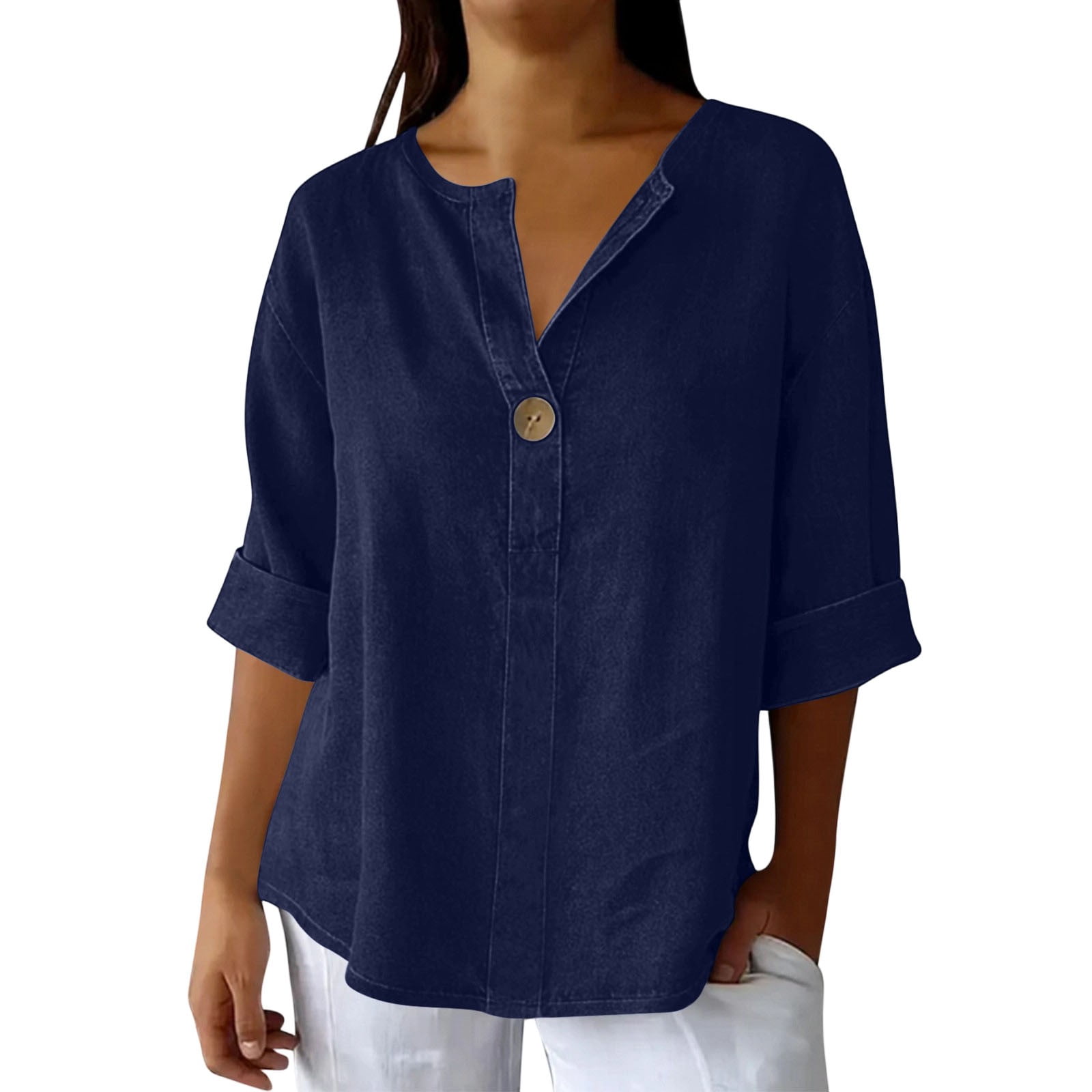 YHAJDS Women's T-Shirts Solid Color V Neck 3/4 Sleeve Relaxed Fit Casual Everyday Top