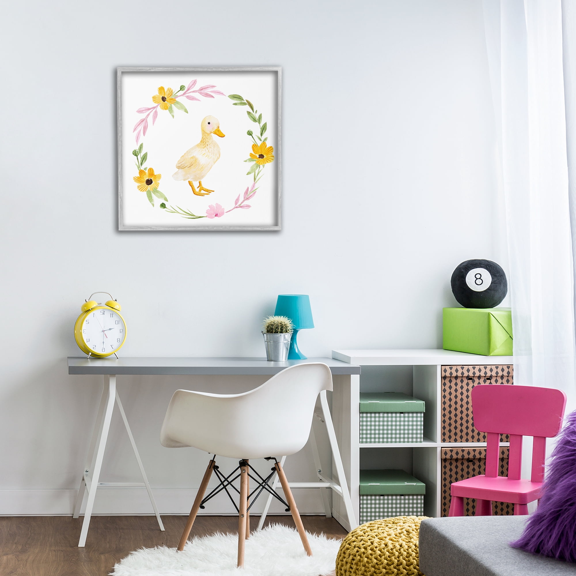 Stupell Industries Duckling with Daisy Wreath Animals & Insects Painting Gray Framed Art Print Wall Art, 24 x 24