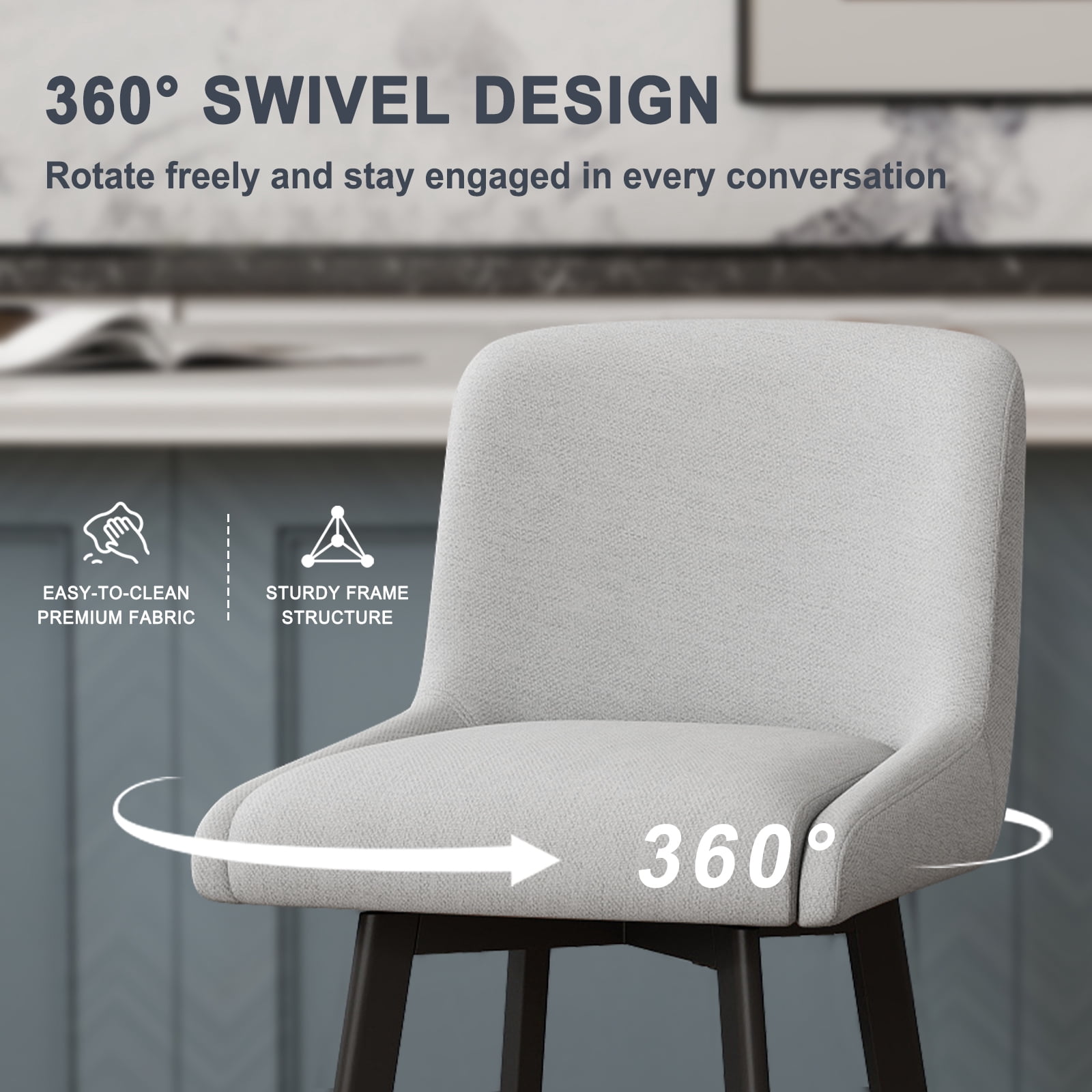 MultiHaven 26.1-Inch Bar Stools Set of 4,Swivel Counter Height Bar Stool with Back & Metal Legs,Fabric Island Chairs Suitable for Kitchen,Bar,Cafe - Light Gray