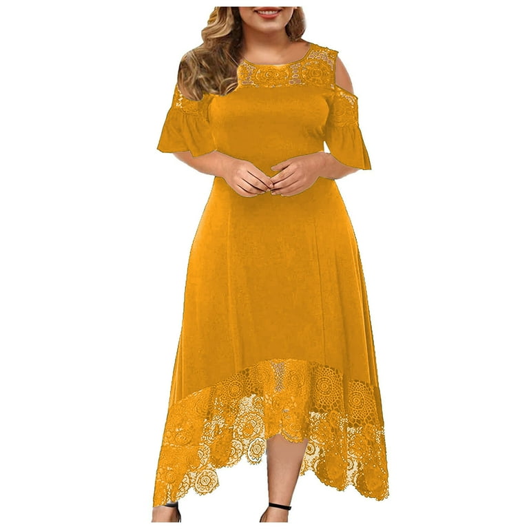 aoksee Plus Size Dresses for Women Lace Strap Off The Shoulder Maxi High  Low Cocktail Dress Elegant Wedding Guest Dresses,Yellow 