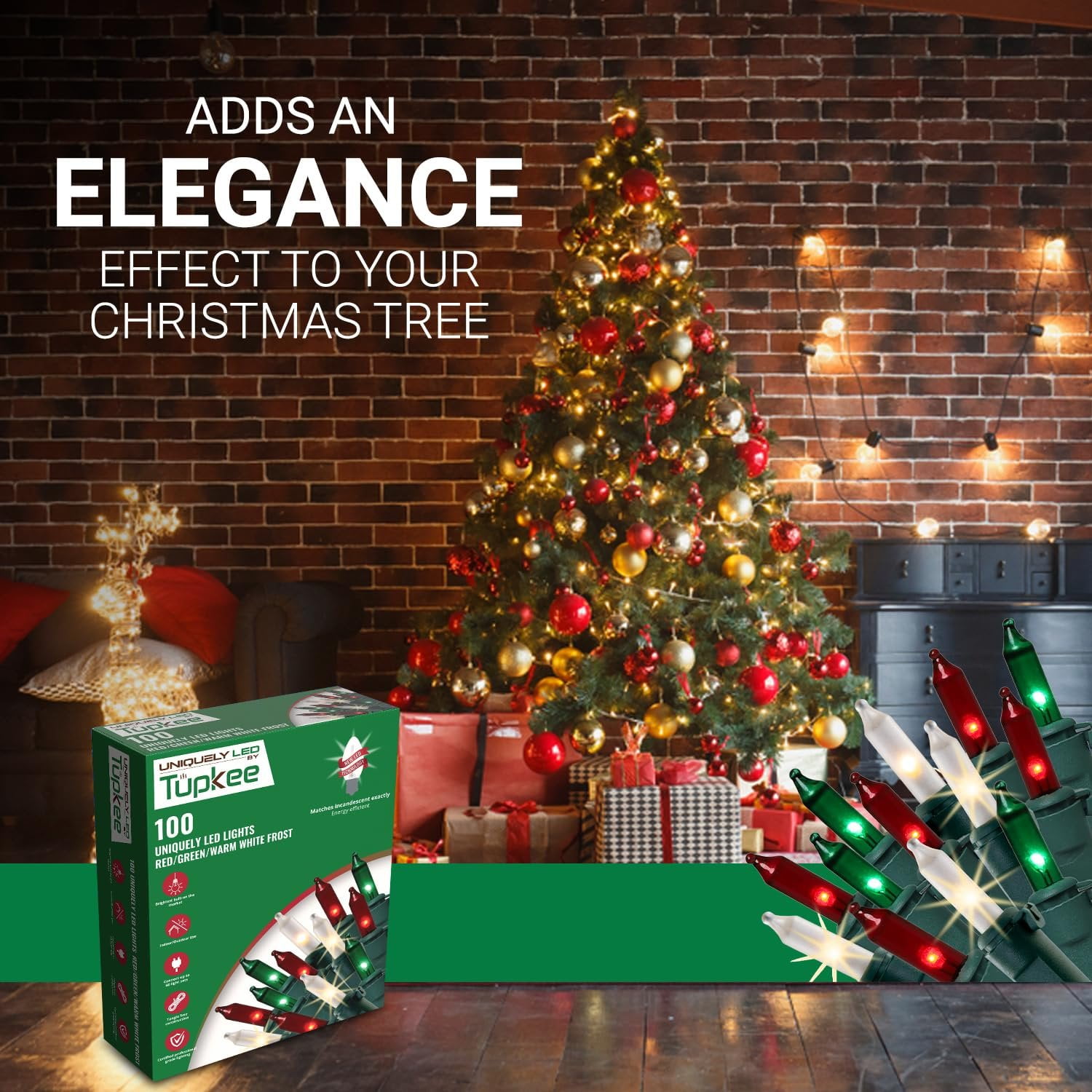 Christmas Uniquely LED Twinkle Lights  Matches Incandescent Exactly - 16 of 100 Lights Twinkling - Indoor Outdoor  100 Red, Green and White Bulbs - 24.75 Feet, Christmas Tree Sparkling Lights String
