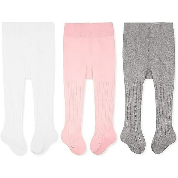 CozyWay Cable Knit Cotton Leggings/Tights for Baby Girls, 3 Pack, White/Pink/Gray, 0-3 Months Old