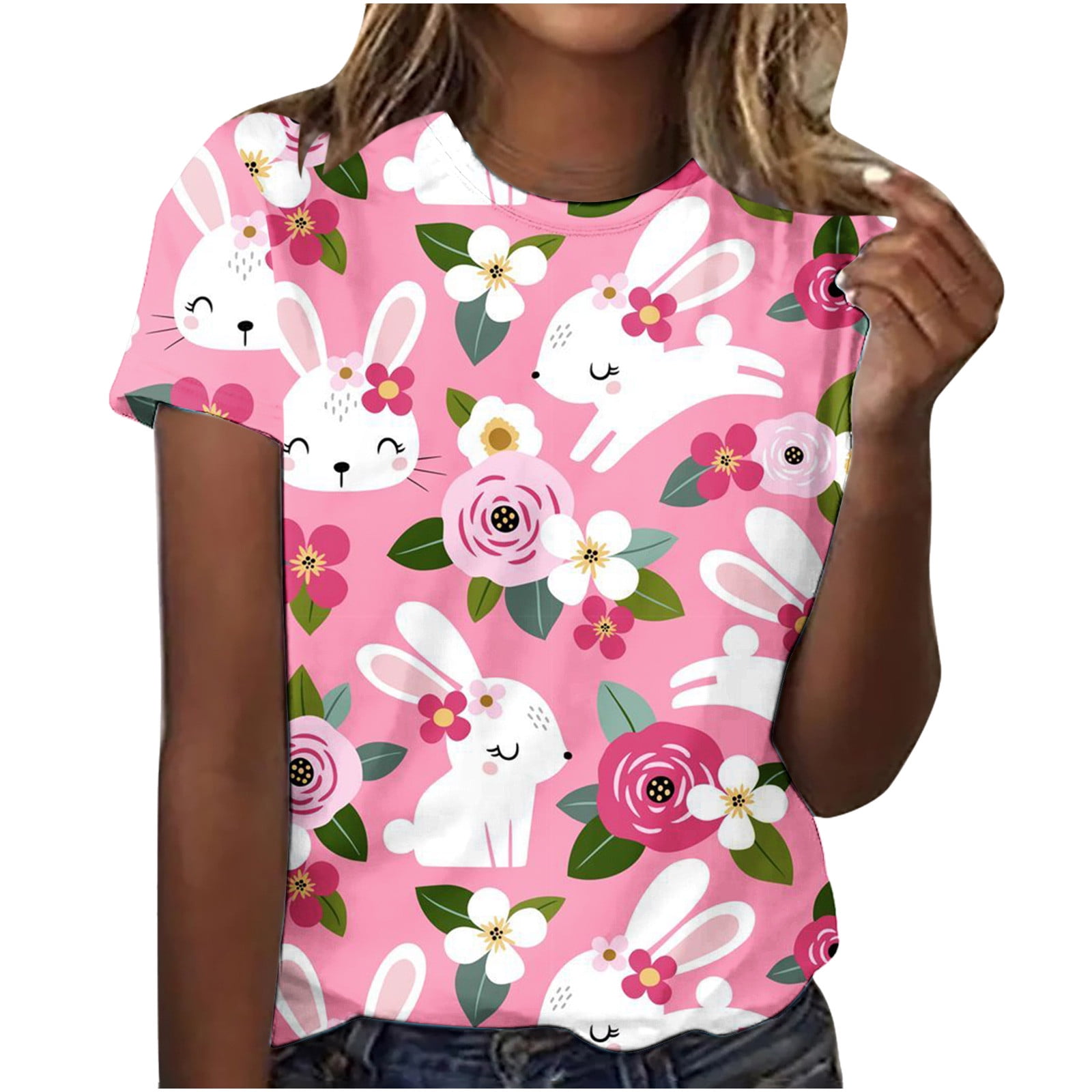 ZQGJB Womens T-Shirts Funny Rabbit Printed Short Sleeve Summer Tops  Clearance Cute Graphic Holiday Gifts Tees Trendy Lightweight Pullover  Blouse Pink S 