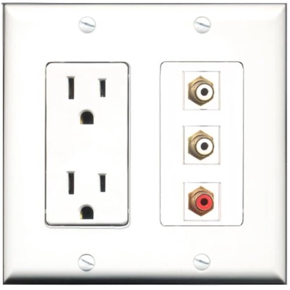 RiteAV - 15 Amp Power Outlet 1 Port RCA Red 2 Port RCA White Decorative Wall Plate