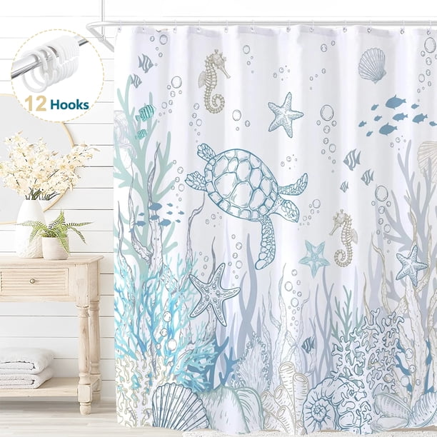 Cortina de Ducha Costera Náutica Dznils, Estampado de Tortuga Azul con 12 Ganchos, 72" x 72"
