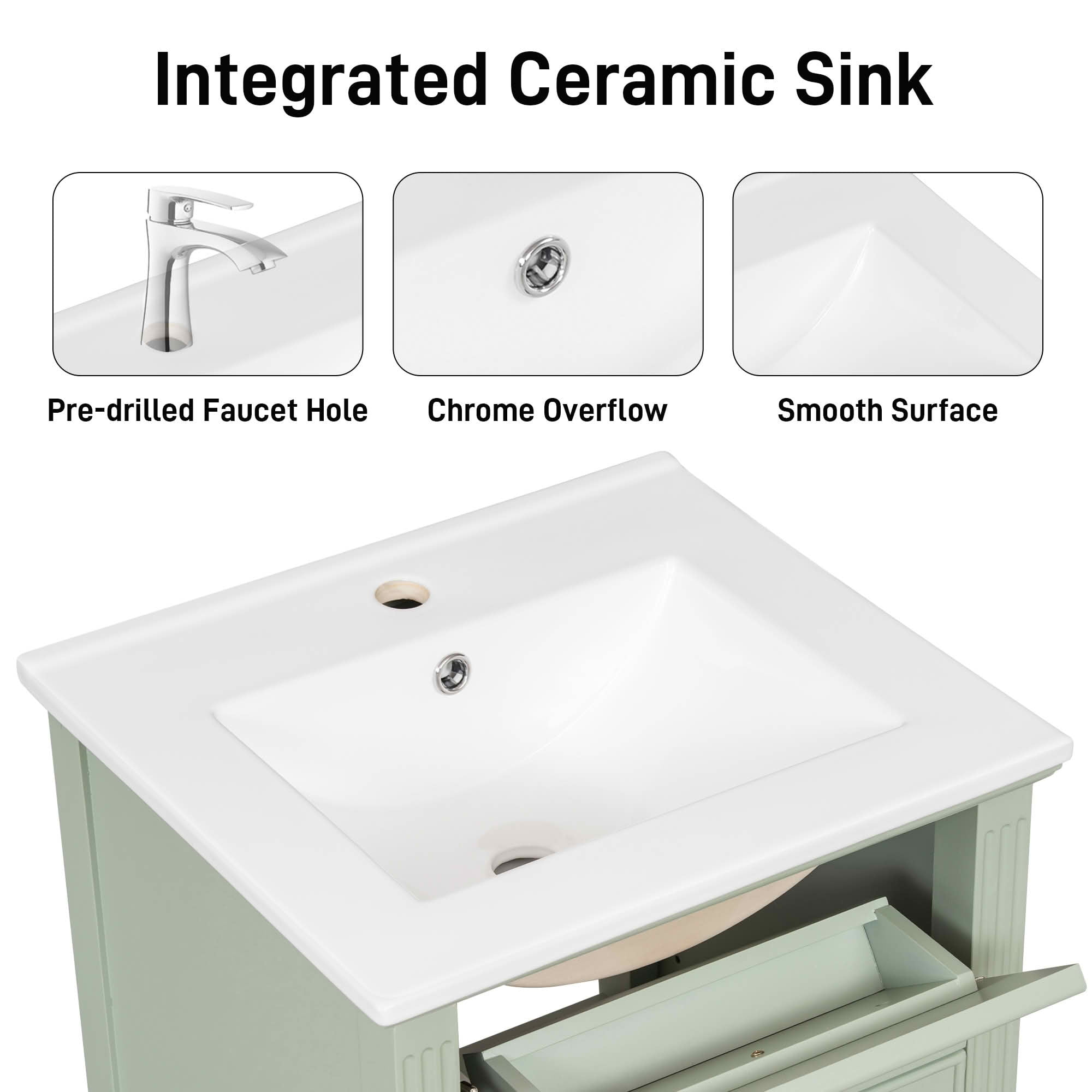 MAYEERTY 20-Inch Bathroom Vanity with Sink, Solid Wood Legs Adjustable Shelf Tilt-Out Drawer Zinc Alloy Knobs, Modern Freestanding Small Bathroom, Green