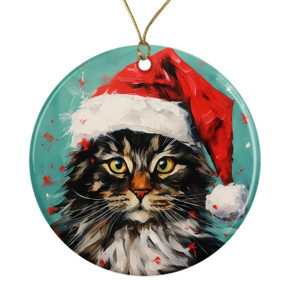 Cat With Santa Hat Ceramic Ornament - Cute Cat Ornament For Cat Owner Lover Gift - 3 Inch Christmas Tree Round Ornament - Xmas Holiday Decor - String Included - ORN0025