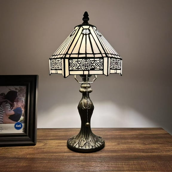 Tiffany Mini Table Lamp White Hexagon Stained Glass LED Bulb Included for Living Room Dining Room Bedroom Bedside 8" D*8" W*15" H