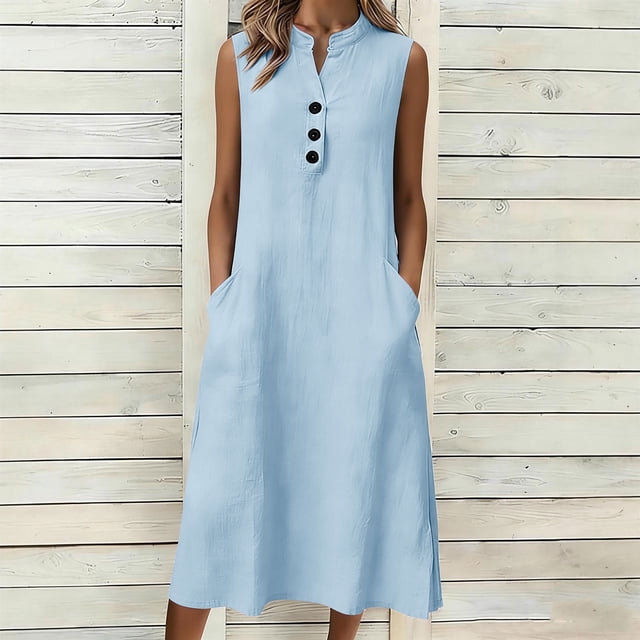 TaTaai Women's Loose Fit Slip Dress Solid Color Sleeveless V-Neck Linen Feel Button Front Casual Maxi Dress Summer Pocket Detail Gift