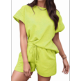 thumbnail image 1 of Ensemble de Survêtement pour Femme 2 Pcs, Couleur Unie, Col Rond, Tissu Texturé Décontracté, Manches Courtes, Pyjama, Jaune Citron, TG, 1 of 7