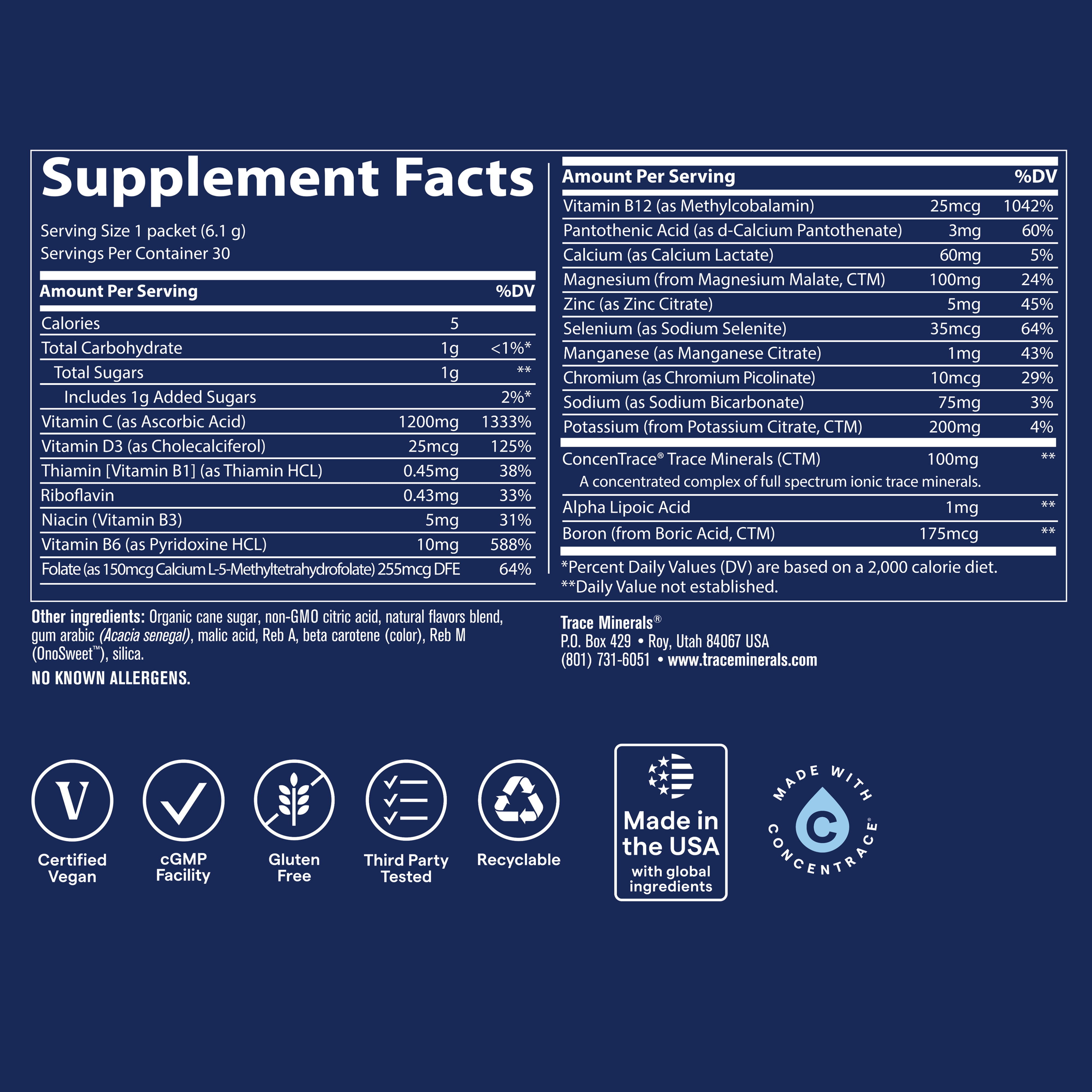 Trace Minerals Power Pak Multivitamin and Multimineral with 1200mg of Vitamin C 60 ct - Orange Blast Flavor