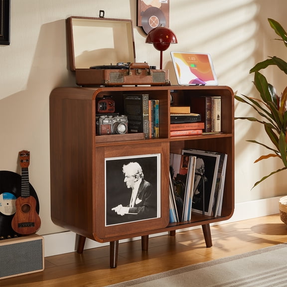 iPormis 31.5" Record Player Stand with Vinyl Storage, Mid Century Record Storage Cabinet with Charging Station, Turntable Stand for Living Room, Music Corner, Walnut