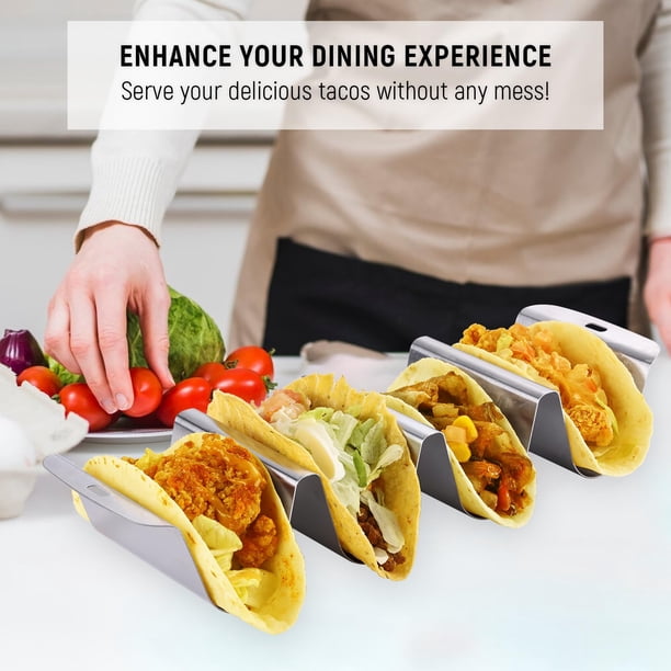 Soporte grande para 4 tacos, soporte para tacos de acero inoxidable en forma de U, soporte de metal para tacos, soporte para bandeja con asa