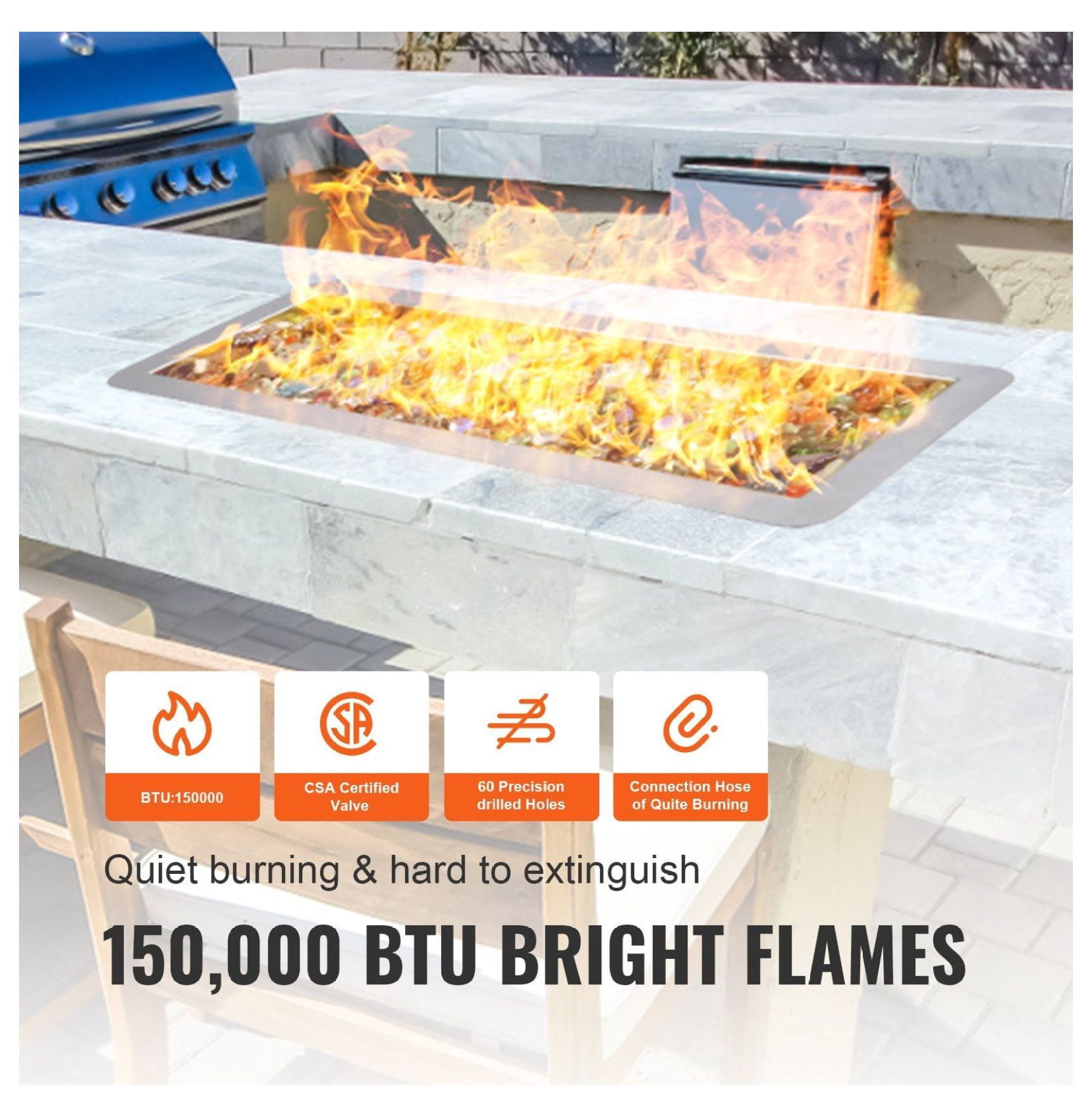 36" Drop-In Fire Pit Pan, Stainless Steel Burner Kit - 150,000 BTU, Natural & Propane Gas - Indoor/Outdoor Use with 12 Accessories