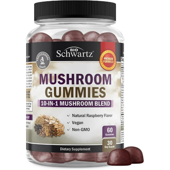 BioSchwartz 10-in-1 Mushroom Gummies, Mood and Focus Supplement for Adults, Raspberry, 60 Count