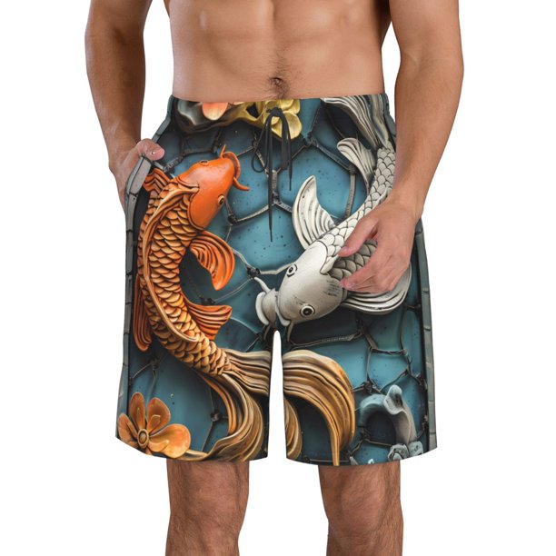 Balery Colorful Koi Fish Art Traje de Baño Estilo Hawaiano para Hombre, Shorts de Secado Rápido con Bolsillos-3X-Large