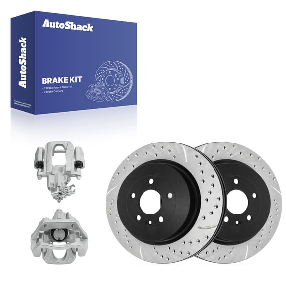 AutoShack Rear Brake Rotors & Calipers for Lincoln, MKS 2012, AWD FWD V6 3.5L 3.7L - E-Coated Drilled & Slotted - ShadowGuard - 13.58" (345 mm), 5-Lug
