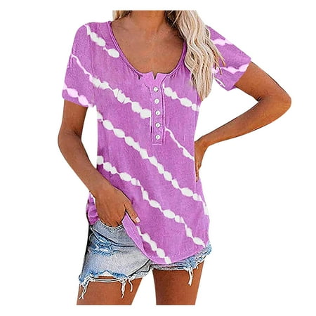 

Tops for Women Casual Summer Fashion Women Twill Button Neckline Short Sleeve Round Neck Casual T-shirt Button T-shirts Tops for Women Casual Summer Purple S