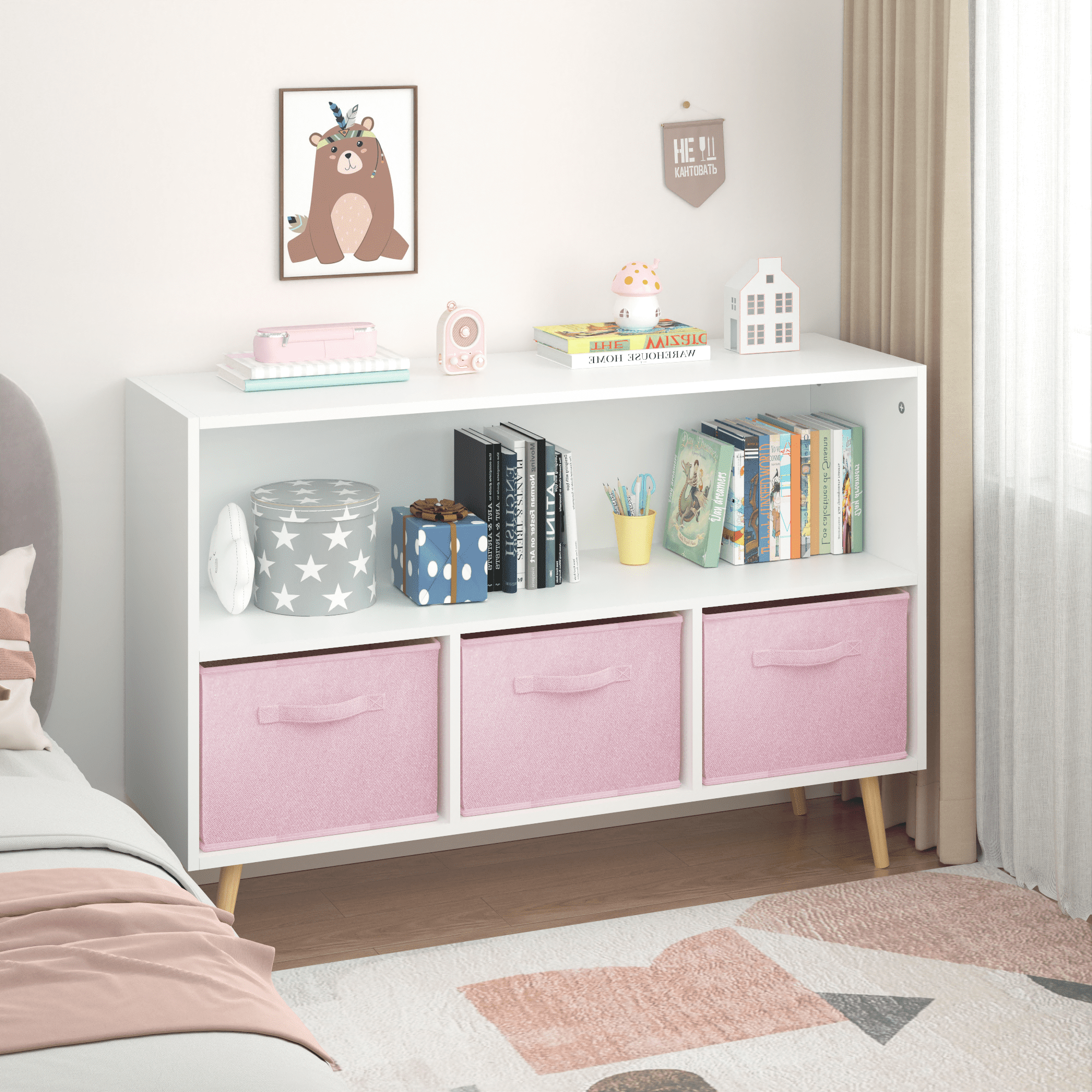 Kids Bookcase with Collapsible Fabric Drawers,Toy Storage Cubby,Children's Book Display,Toy Storage Cabinet Organizer,White/Pink