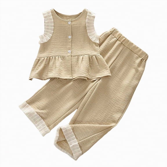 TOWED22 Toddler Baby Girl Clothes 2pcs Outfits Sleeveless Solid Color Smocked Halter Top Linen Pants Set(Khaki,3-4 Y)