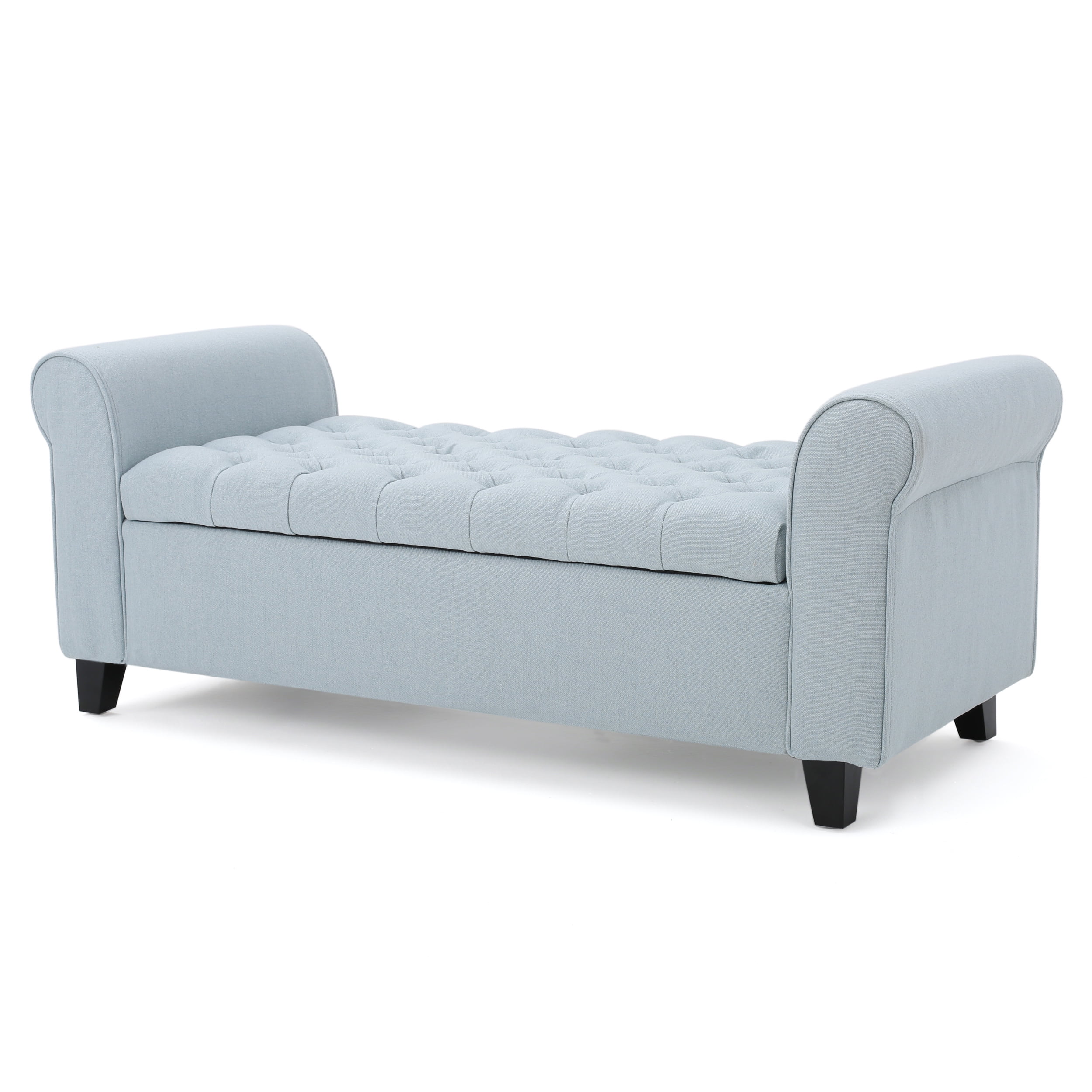 Charlemagne Contemporary Rolled Arm Fabric Storage Ottoman Bench, Light Sky and Dark Brown 