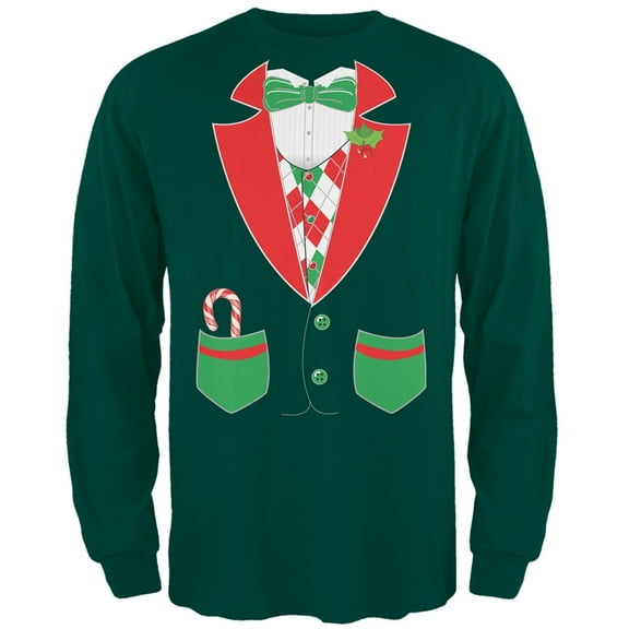 Christmas Tuxedo Costume Dark Green Adult Long Sleeve T-Shirt - X-Large