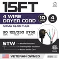 thumbnail image 2 of Iron Forge Cable 4 Prong Dryer Cord 15 ft, Black 10/4 NEMA 14-30 Plug 30 Amp Extension Cord 15 Foot for Dryer & EV with Ring Terminals, 125V/250V SRDT, 2 of 7