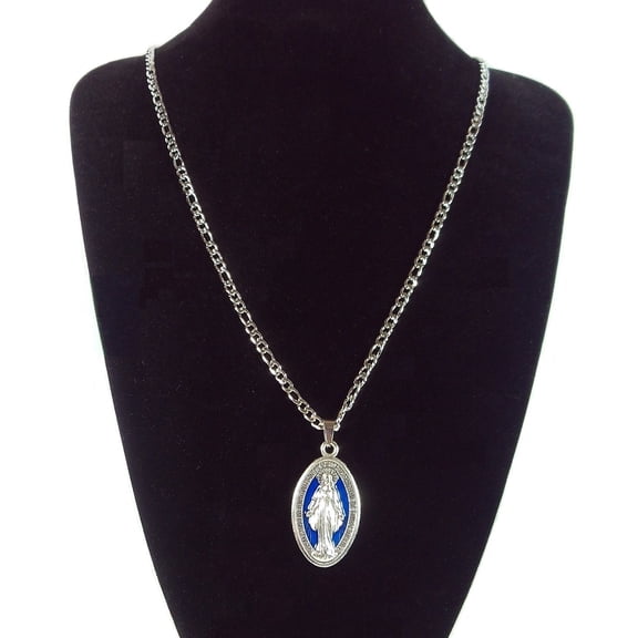 Silver Blue Saint Benedict 24-Inches 5mm Wide Prayer Religious Rosary Stainless Steel Charm Pendant Chain Necklace Set Gift