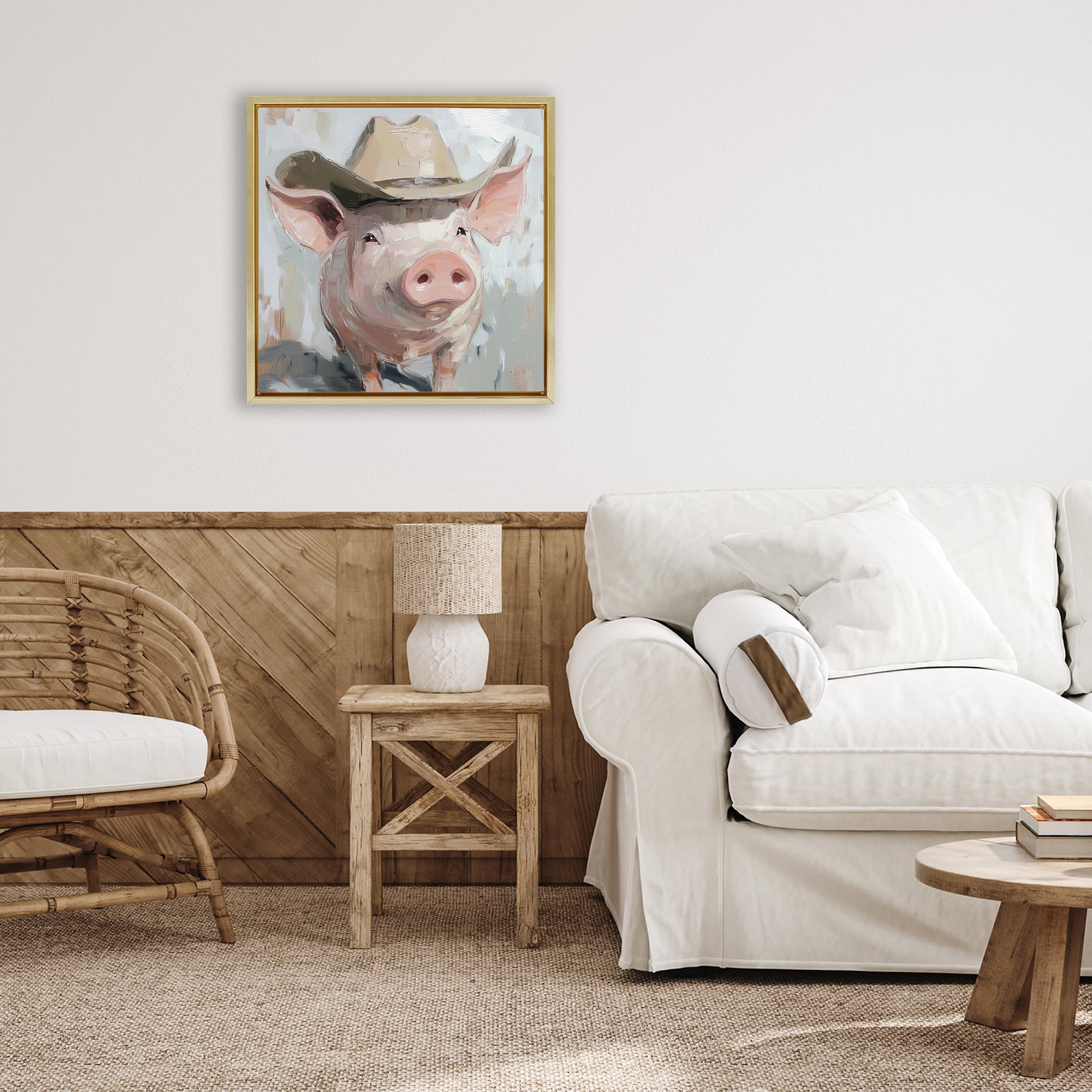 Stupell Industries Cowboy Chester Pig Gold Framed Floater Canvas Wall Art, design by Tina LeCour