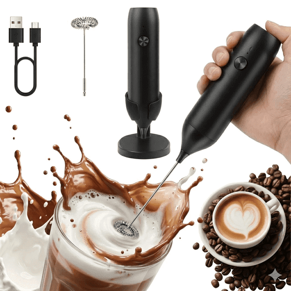 COTINSE Handheld Milk Frother with Stand, USB Rechargeable Electric Coffee Frother, Mini Blender & Foam Maker for Latte, Cappuccino, Matcha, Black