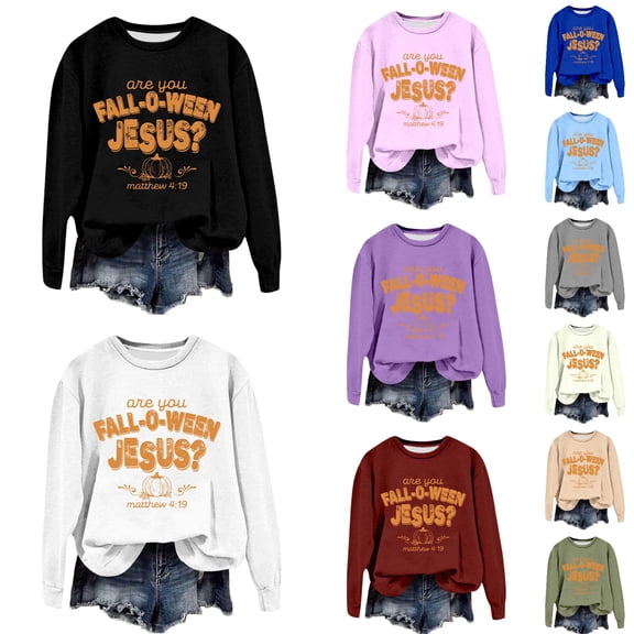Telankuip Are You Fall O Ween Jesus Tops for Women Halloween Pumpkin Graphic Sweatshirts Classic Crew Neck Long Sleeve Loose Comfort Casual Pullovers for Fall Holiday Party 2026 1-White XL