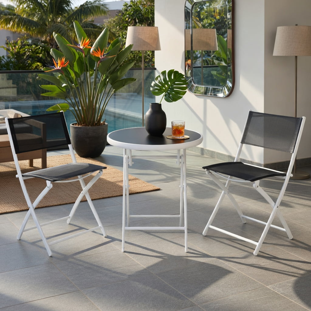 Hommoo 3-Piece Folding Outdoor Bistro Set, 2 Steel-Frame Chairs + Tempered Glass Coffee Table for Balcony, Patio & Deck, Black