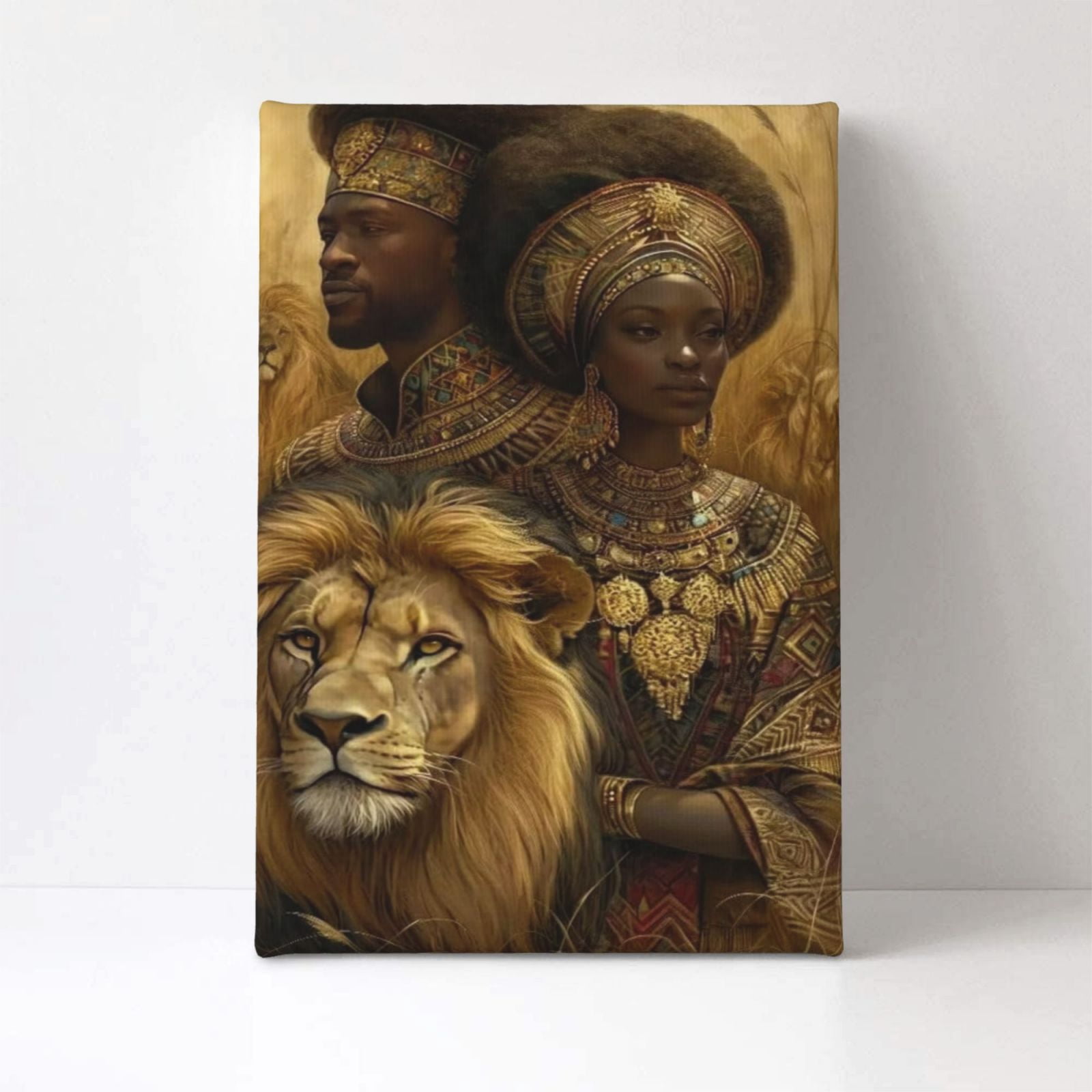 Aarocafa- African Royalty & Lion Inner Frame Canvas Poster- Stretched Cultural Elegance Art for Timeless Spaces | Stretched Canvas Art | Cultural Elegance Decor | Ready to Hang- 12x18in- Inner Frame