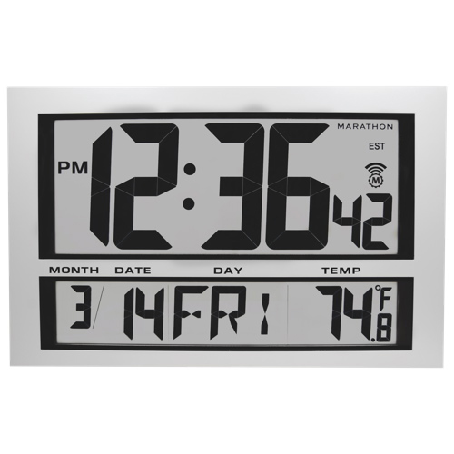Marathon Jumbo LCD Atomic Wall Clock with 6 Time Zones (Silver