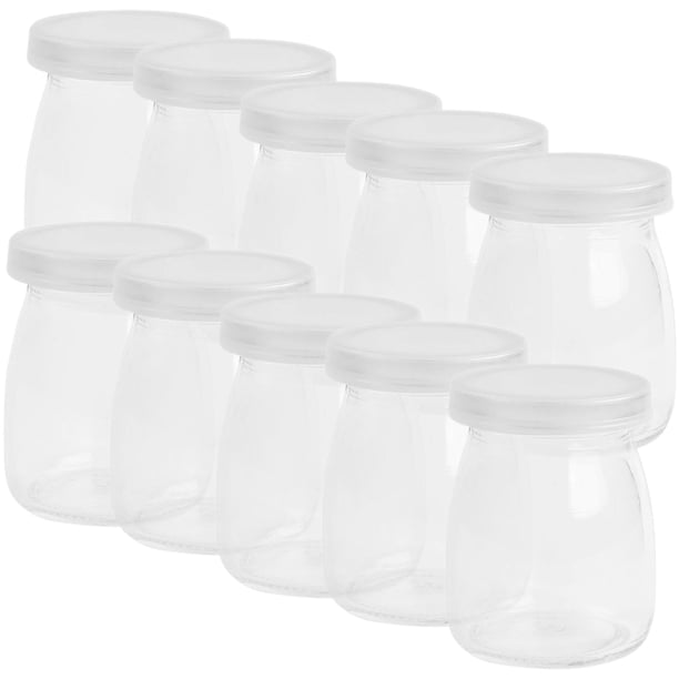10 botellas de vidrio grandes y sencillas con tapa, vasos de vidrio para pudín, jugo, leche y pudín.